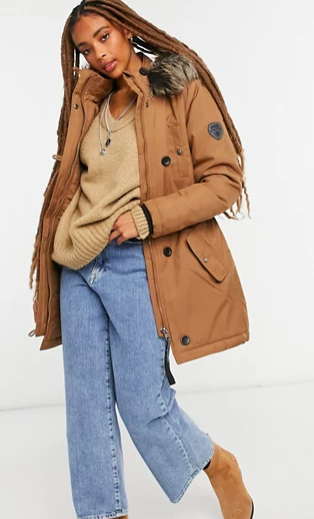 Only parka coat with faux fur hood in brown