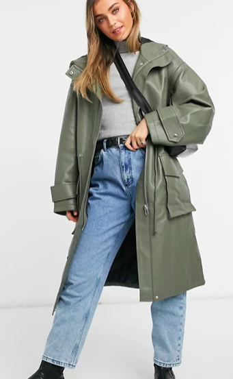 ASOS DESIGN leather look oversized parka with quilted lining in khaki