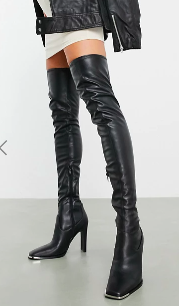 ASOS DESIGN Kieran square toe thigh high boots with metal trim in black