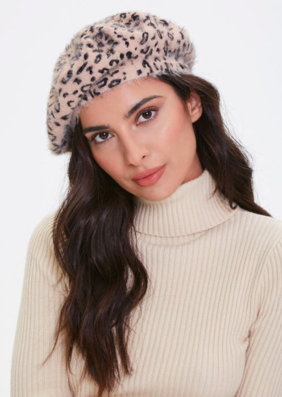 Forever 21 Fuzzy Knit Leopard Print Beret