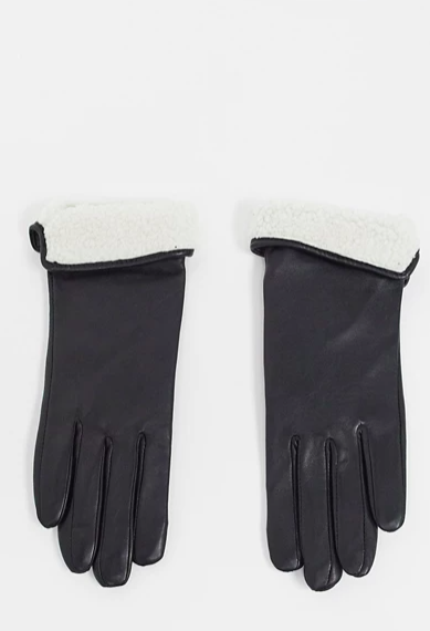 ASOS DESIGN leather gloves with touch screen and shearling turnover trim