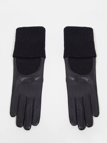 ASOS DESIGN touch screen leather glove with long knitted rib trim in black