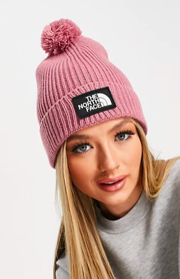 The North Face logo box pom beanie in pink