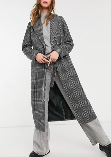 New Look belted maxi coat in black check