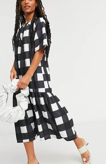 ASOS DESIGN midi dress with pep hem in oversized black and white check print