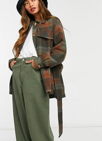 Pull&amp;Bear brushed plaid shacket with tie waist in gray and brown