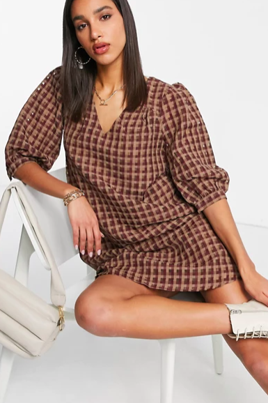 Vila smock dress with puff sleeves in check print
