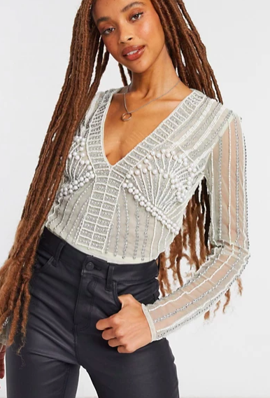 ASOS DESIGN embellished pearl bodysuit in white