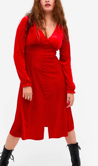 Monki Louisa long sleeve velvet midi dress in red