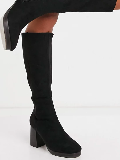 ASOS DESIGN Clarity platform block heeled knee boots in black