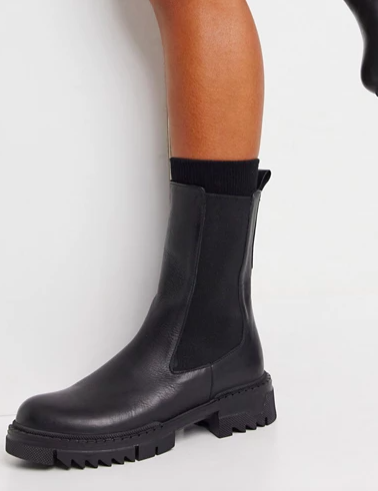 NA-KD leather chunky flat Chelsea boots in black