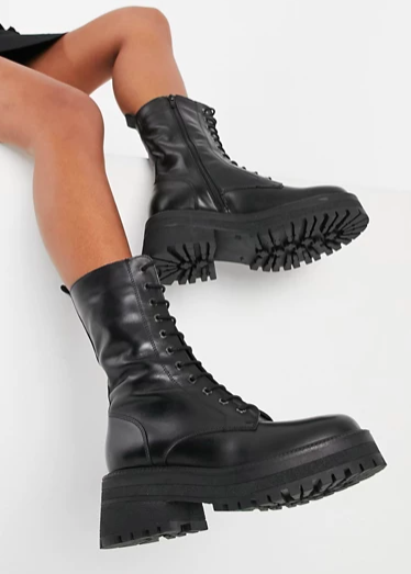 Topshop chunky mid calf lace-up boots in black