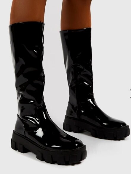 Public Desire Karma pull on knee boots in black patent