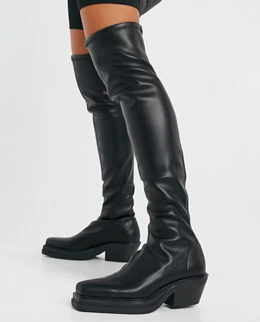 Pull&amp;Bear pull on stretch high leg boots in black