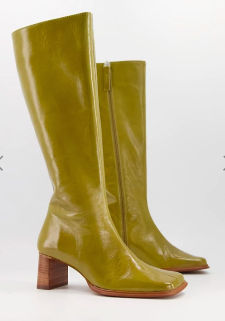 ASOS DESIGN Cali premium leather heeled knee boots in green