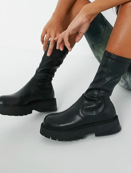 Bershka faux leather sock boot with chunky sole in black