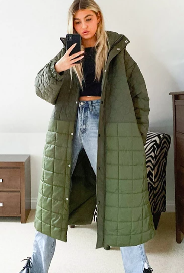 COLLUSION mix quilted maxi puffer jacket in green