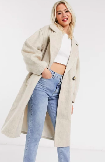 ASOS DESIGN brushed coat with sleeve detail in stone