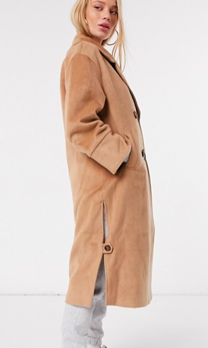 Y.A.S wool longline coat with tortoise shell buttons in camel