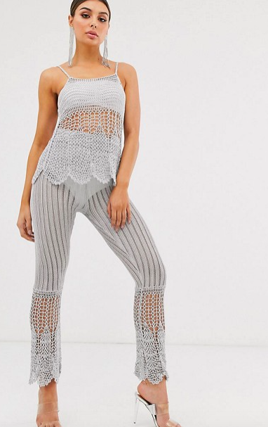ASOS DESIGN two-piece crochet cami in metalic yarn &amp; high waisted flares in metallic