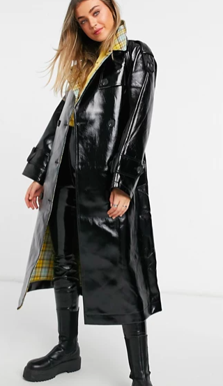 ASOS DESIGN plaid bonded vinyl trench coat in black