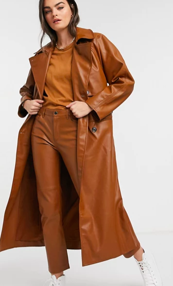 Weekday Elli faux leather trench coat in toffee