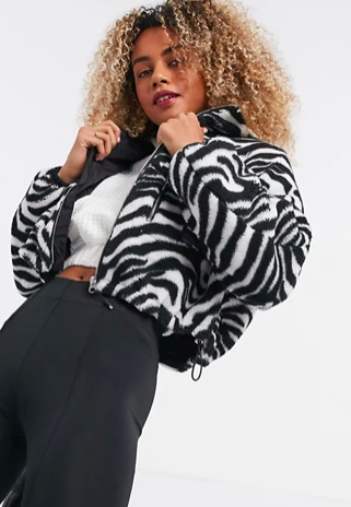 Bershka cropped fleece zebra print jacket in multi