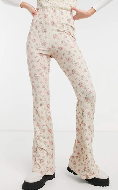 New Girl Order high waisted flare leggings in floral rib co-ord