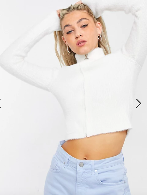 Bershka zip up fluffy sweater in white