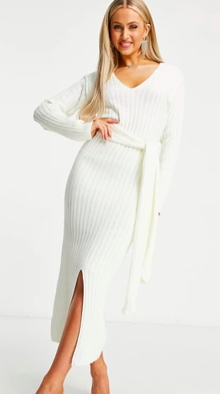 Fashionkilla knitted plunge front belted midi dress in ecru