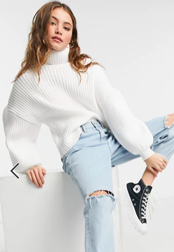 ASOS DESIGN premium sweater in rib with volume sleeve in cream