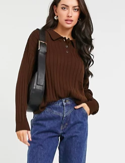 ASOS DESIGN oversized rugby style sweater with collar detail and pocket in brown