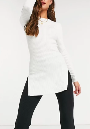 Missguided extreme split ribbed coordinating sweater in white
