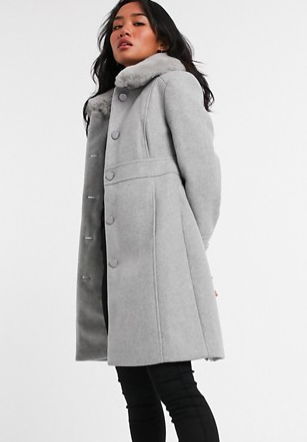 Ever New Petite long coat with faux fur collar in gray