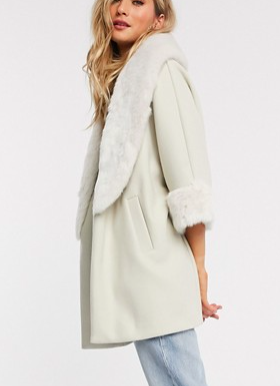 River Island relaxed coat with faux fur trim in cream