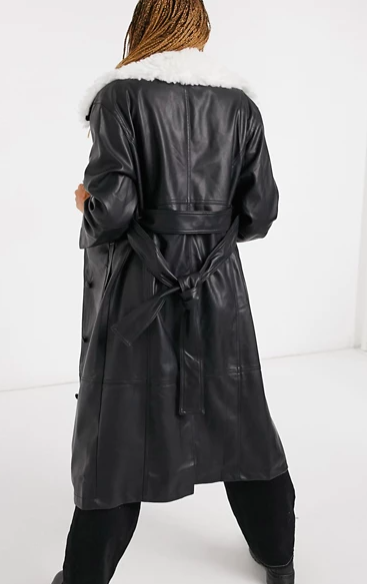 ASOS DESIGN leather look trench with faux fur collar in black