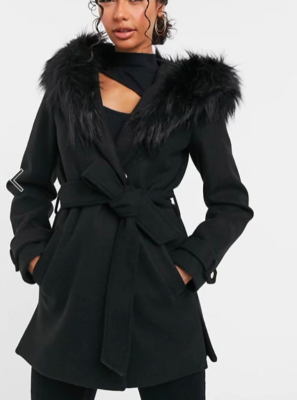 River Island short robe jacket with faux fur hood in black