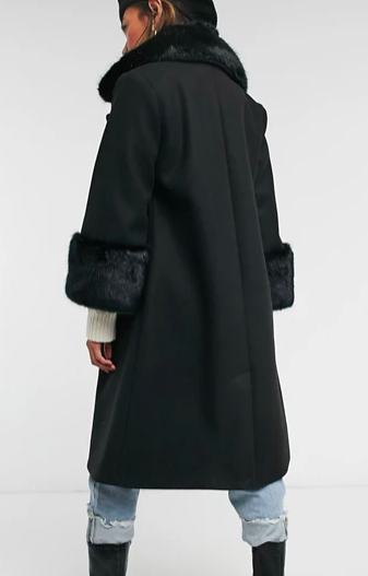 River Island faux-fur cuff coat in black