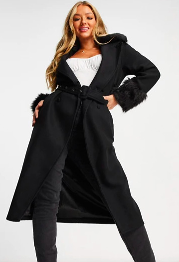 Unique21 faux fur belted coat in black