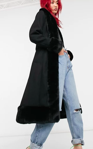 River Island fur hem longline robe coat in black