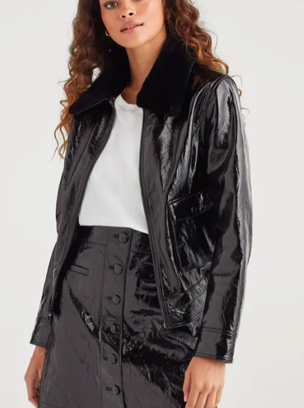 PATCH POCKET LEATHER JACKET WITH FAUX FUR COLLAR
