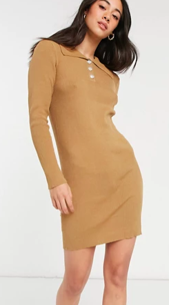 Vila knitted polo dress with button detail in tan