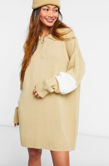ASOS DESIGN mini dress with zip collar detail in color block in camel