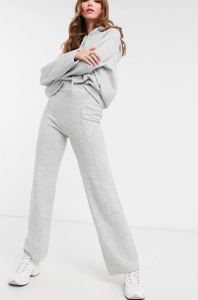 ASOS DESIGN knitted hoodie and wide leg pants co-ord in gray marl