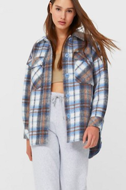Stradivarius recycled polyester brushed shacket in blue check