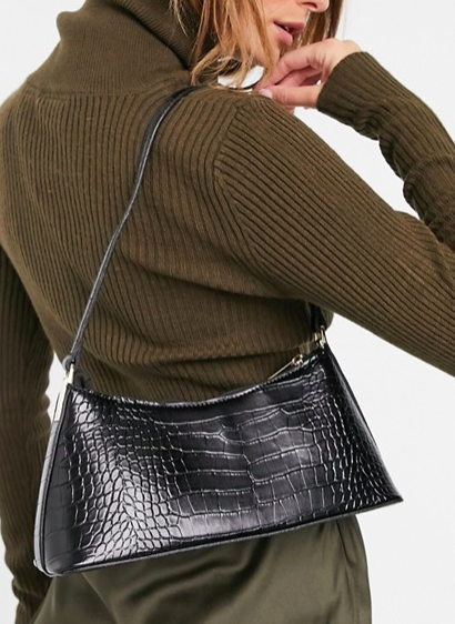 ASOS DESIGN black croc effect shoulder bag with hardware tabs