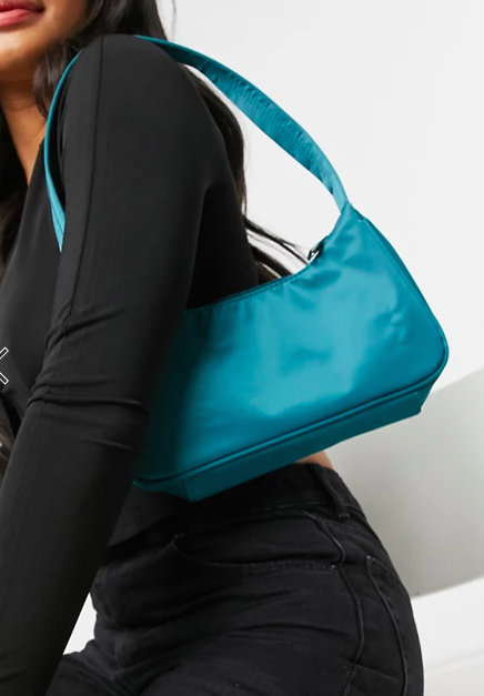 ASOS DESIGN nylon curved 90s shoulder bag in jewel teal