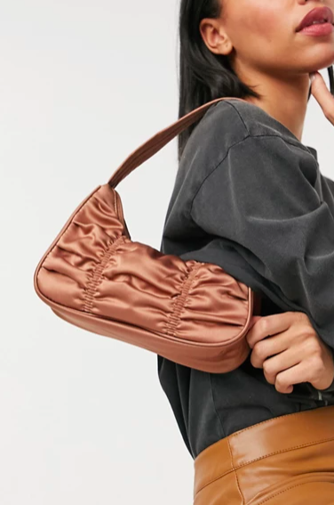 Monki Tanya recyled satin shoulder bag in brown