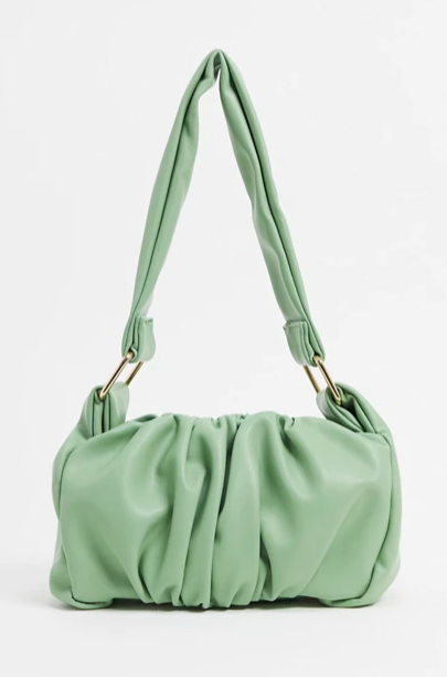 ASOS DESIGN ruched 70s shoulder bag with hardware strap in sage green