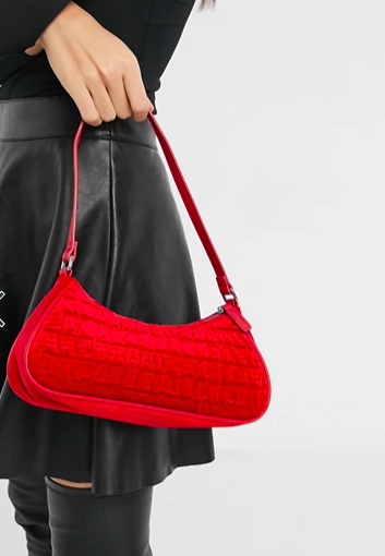 ASOS DESIGN ruched elongated 90s shoulder bag in red velvet